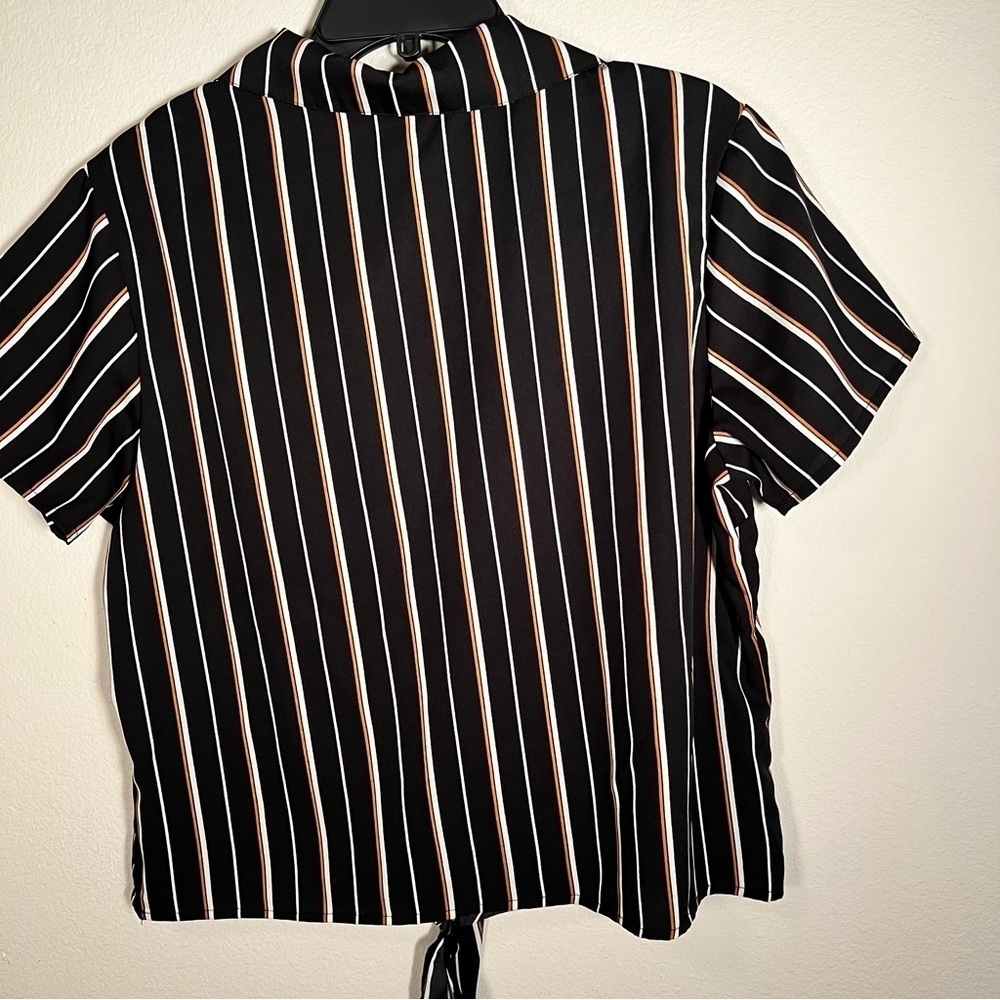 Japna Black White Tan Stripe Button Down Short Sleeve Blouse - Picture 3 of 9